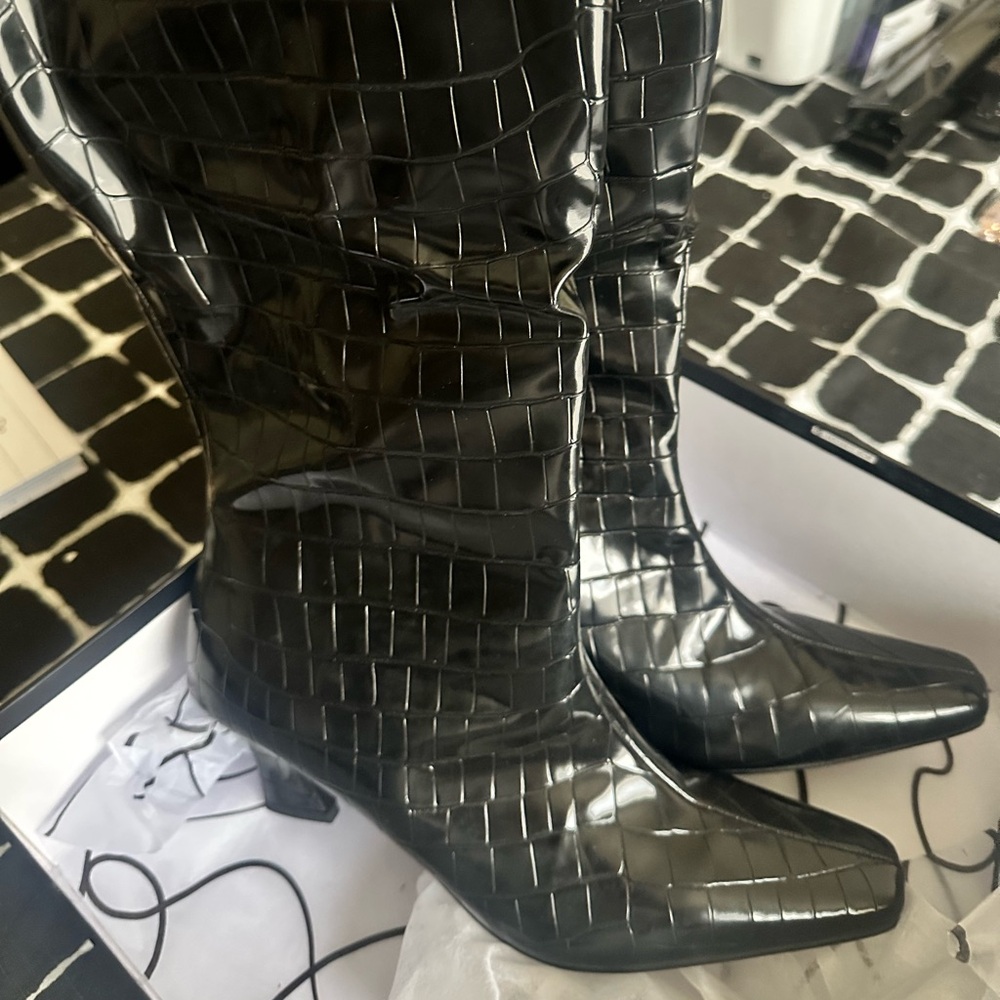 4th & Reckless Black Croc knee high Heeled Boots